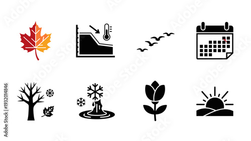 Seasonal icons: autumn leaves, temperature drop, migrating birds, and more