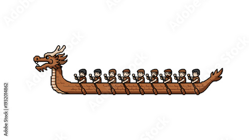 Pixel art dragon boat with team rowers against white background