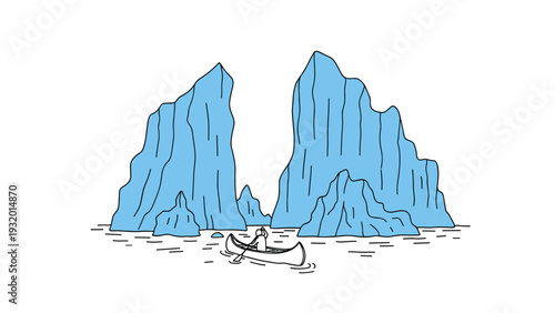 Canoeing adventure through icy mountains in minimalistic line art
