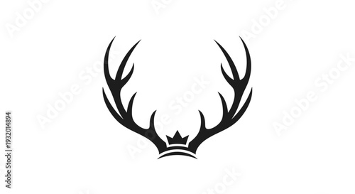 A black monochrome illustration of deer antlers above a crown on a white background