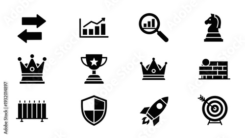 Black silhouette icons for business and strategy: arrows, graphs, chess, and more