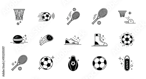 modern collection of minimalist outline sports icons featuring various athletic equipment for digital design and fitness apps.