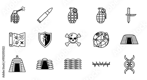 modern war and military line art icons set featuring weapons survival gear and strategic elements for design projects