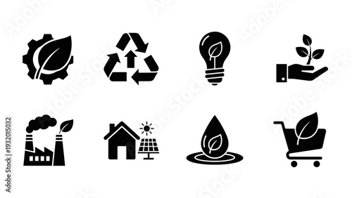Eco-friendly icons: sustainability, recycling, renewable energy, conservation, environment