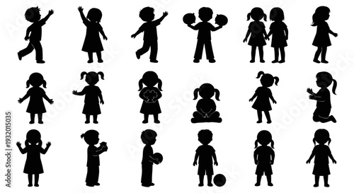 silhouettes of diverse children playing and posing representing childhood development and various activities