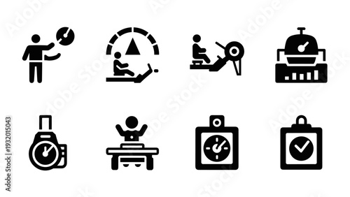 Icon set of gym and fitness activities in modern black silhouette style