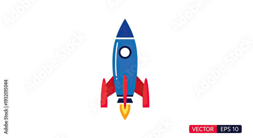 A stylized rocket, blue body with red fins and yellow flames, on white. Vector graphic