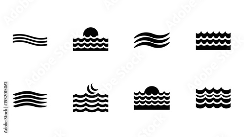 Minimalist wave and sunset icons in black and white silhouette style