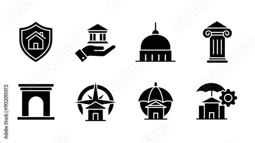 Government and real estate icons set in black silhouette style
