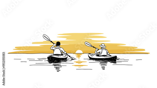 Canoeing adventure at sunset with two people in kayaks on calm water