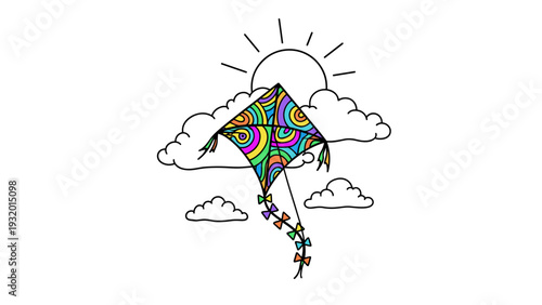 Colorful kite in the clouds with sunshine in simple linear art