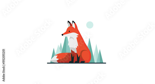Minimalist illustration of a fox sitting in front of stylized evergreen trees and a moon