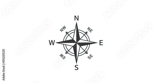 A monochrome compass rose, with cardinal and ordinal directions marked on a white background
