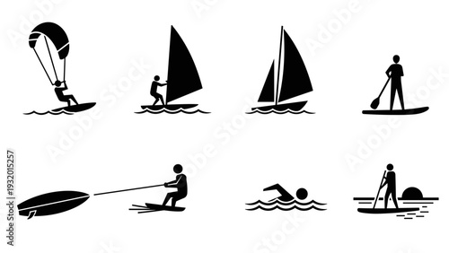 Water sports silhouette collection: windsurfing, sailing, paddleboarding, and more