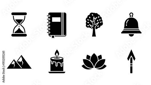 Set of minimalist black silhouettes: hourglass, notebook, tree, bell, mountains, candle, lotus, arrow