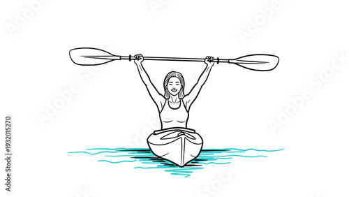 Joyful female kayaker celebrating success on calm waters in minimalist design
