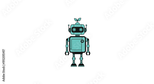 Vector illustration of a teal robot with black details and two small leaves on its head