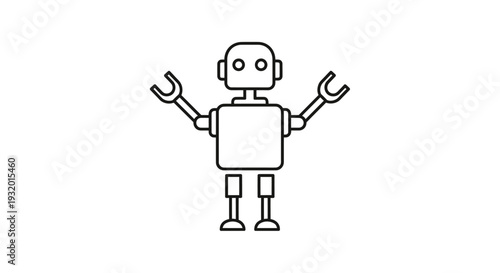 A simple, line-art illustration of a robot with arms up, eyes, and square body