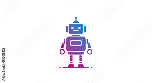 A colorful, gradient-filled robot, standing on a dashed line, set against a stark white background