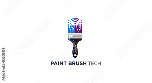 Картината върху платно A digital paint brush logo blends Wi-Fi and circuit board aesthetics with text PAINT BRUSH TECH