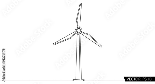 Line drawing of a wind turbine, composed of three blades and a central nacelle atop a tower