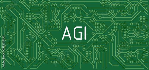 Artificial general intelligence AGI concept with golden letters on green circuit board background illustrating advanced machine learning technology