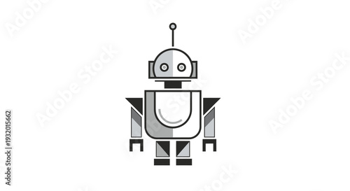 A simplistic, monochrome illustration of a robot with a rounded head, square body, and antenna