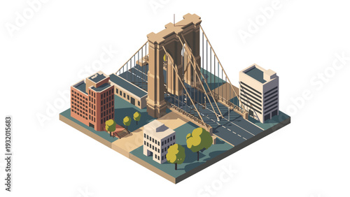 Isometric urban bridge with surrounding buildings and trees