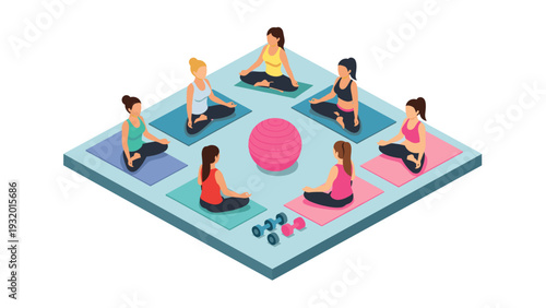 Isometric yoga class with exercise ball and dumbbells on colorful mats