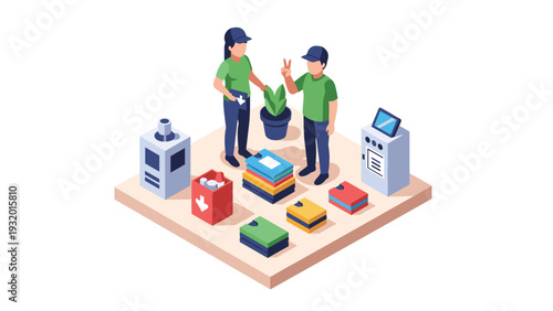 Warehouse workers organizing packages in isometric style with equipment and plants