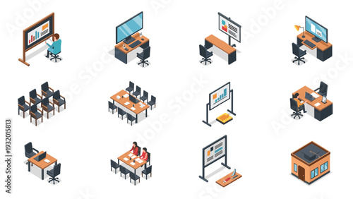 Isometric office icons set: modern workspace, meeting rooms, desks, workstations
