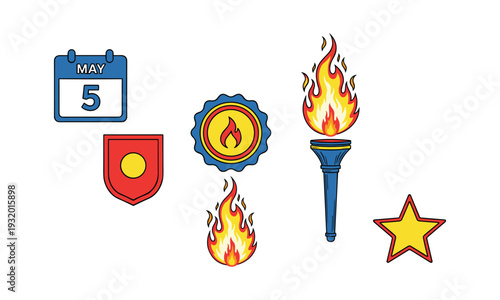 May 5th illustration featuring olympic symbols and a celebratory star