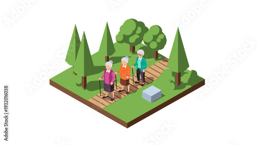 Isometric design of seniors walking in a lush forest park