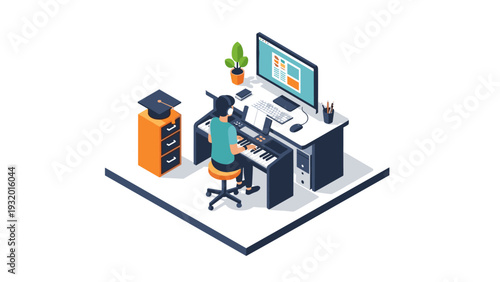 Isometric home office with keyboard and computer for remote work and education