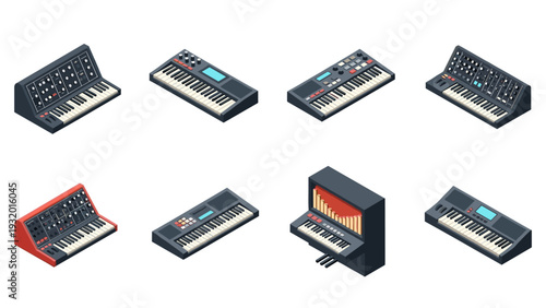 Isometric synthesizer collection: retro, modern, analog, digital keyboards
