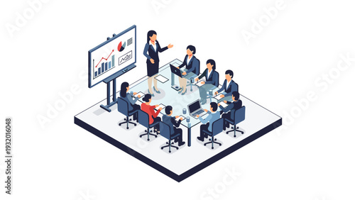 Isometric business meeting with diverse team and presentation in office setting