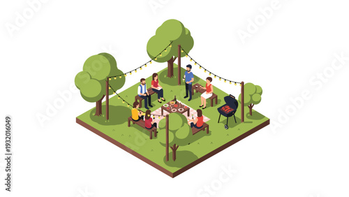 Isometric backyard barbecue party with family and friends under festive lights