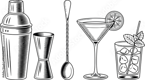 ssential bartending tools and mixed drinks are depicted in a vintage engraving style. A metal shaker, jigger, and long spiral spoon stand alongside a classic martini glass. 