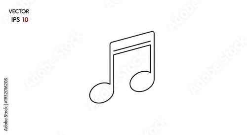 A musical note in a minimal black outline style, on a white backdrop, vector text in the corner