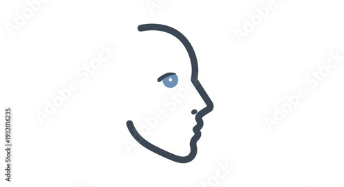 Stylized side profile of a human face with a blue eye, against a clean white backdrop