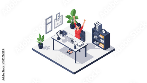 Isometric office workspace with businesswoman celebrating success at desk