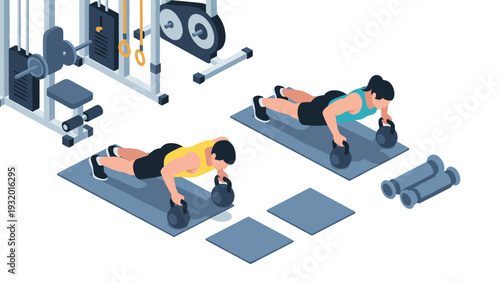 Isometric gym scene with people exercising on mats using kettlebells