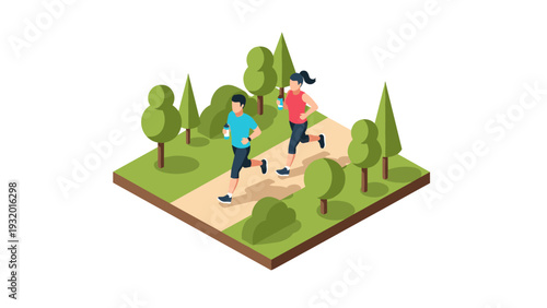 Isometric scene of two people jogging in a park with trees and pathway