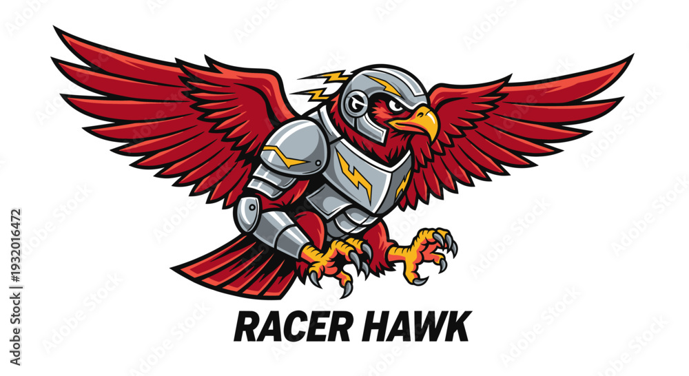 Fototapeta premium A red hawk mascot, armored with silver, wings spread, with text 