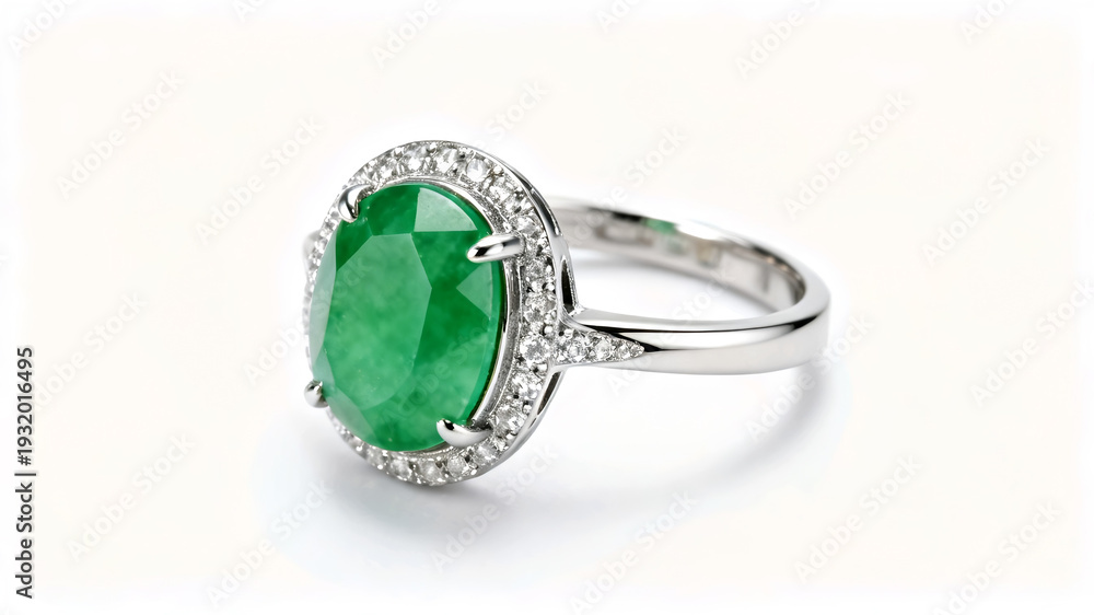 custom made wallpaper toronto digitalElegant silver ring featuring a large oval green emerald gemstone surrounded by a diamond halo on a white background.