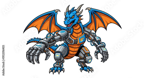 A blue dragon with orange wings and robotic limbs, a fusion of fantasy and technology