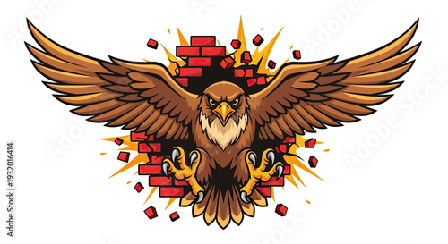 A fierce eagle breaking through a brick wall, wings spread. Angry expression. Intense