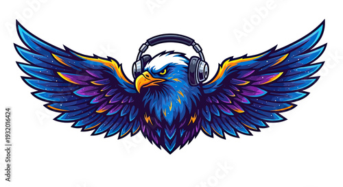A stylized eagle in a bold, vibrant design, adorned with headphones and spread wings