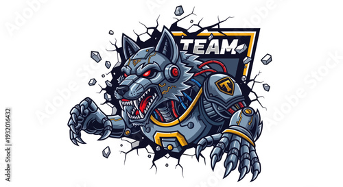 A robotic wolf mascot bursts from a cracked wall, text "TEAM", logo, claws, red eyes