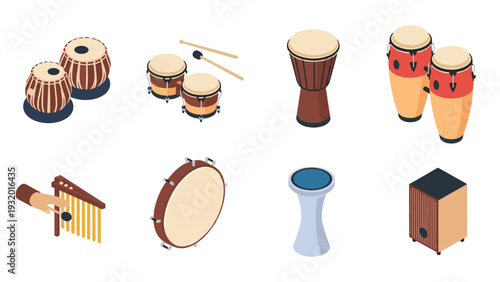 Isometric percussion instruments set: drums, congas, cajon, and more